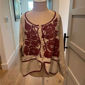 Magnolia Pearl Cream Linen Jacket with Red Floral Embroidery